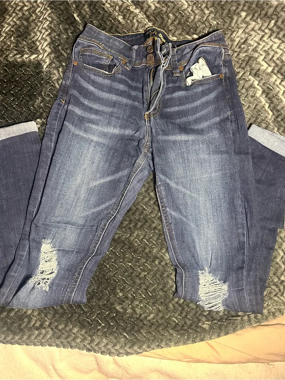 Indigo Rein Dark Blue Distressed Ankle Jeans